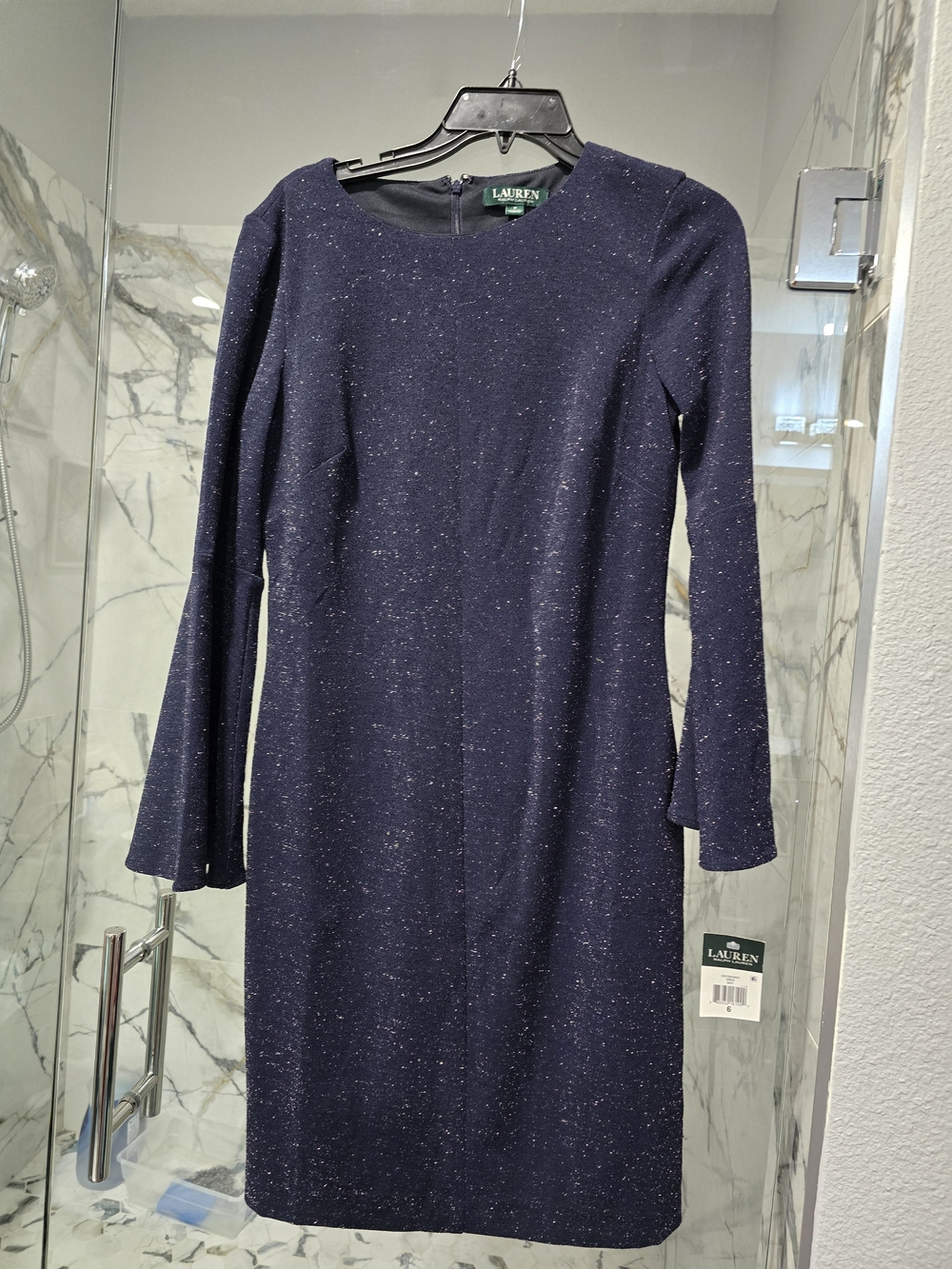 Lauren Ralph Lauren Navy Sparkle Long Sleeve Sheath Dress